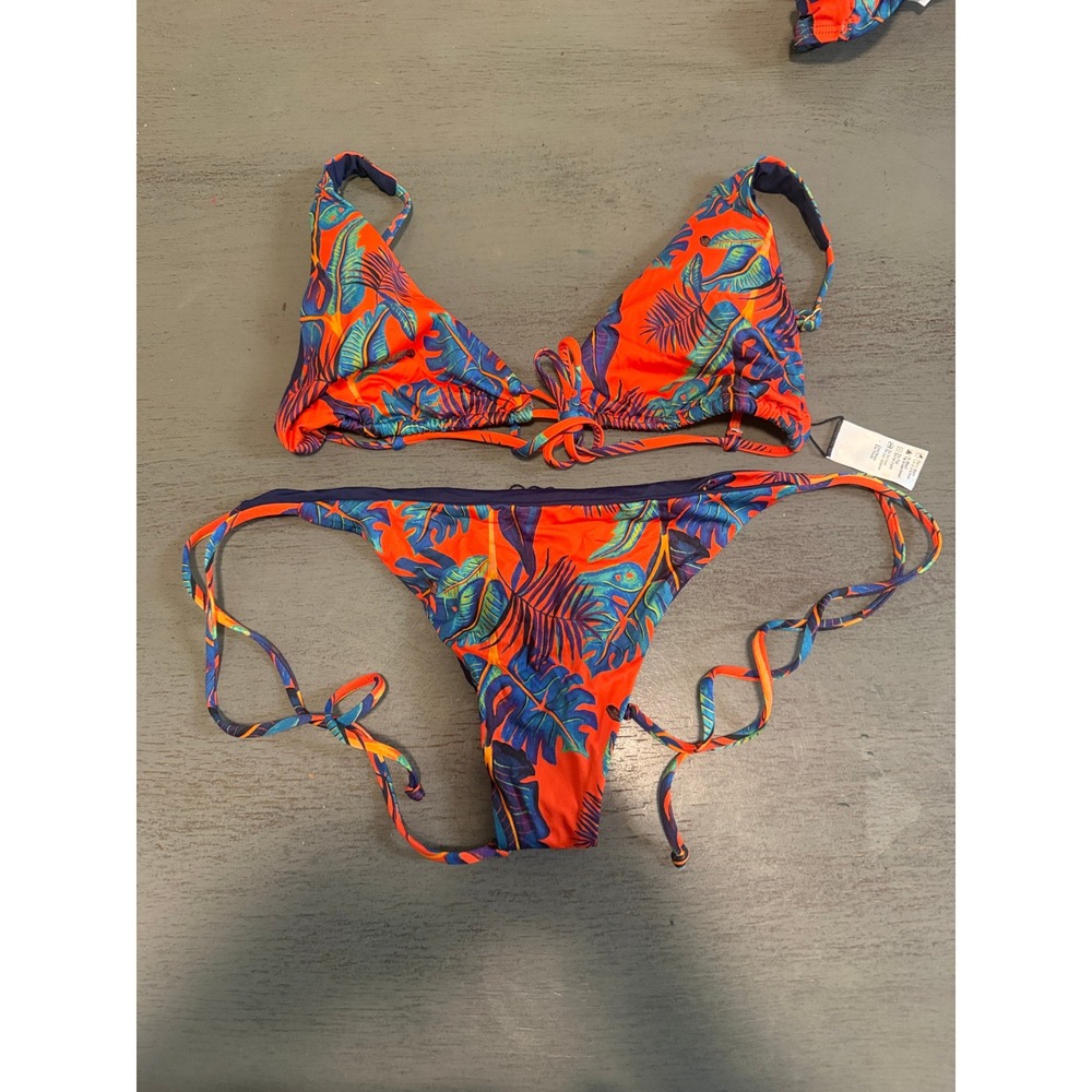 L*Space Tropical Palm Triangle Bikini Set Orange Navy Itsy Cut Medium NWOT